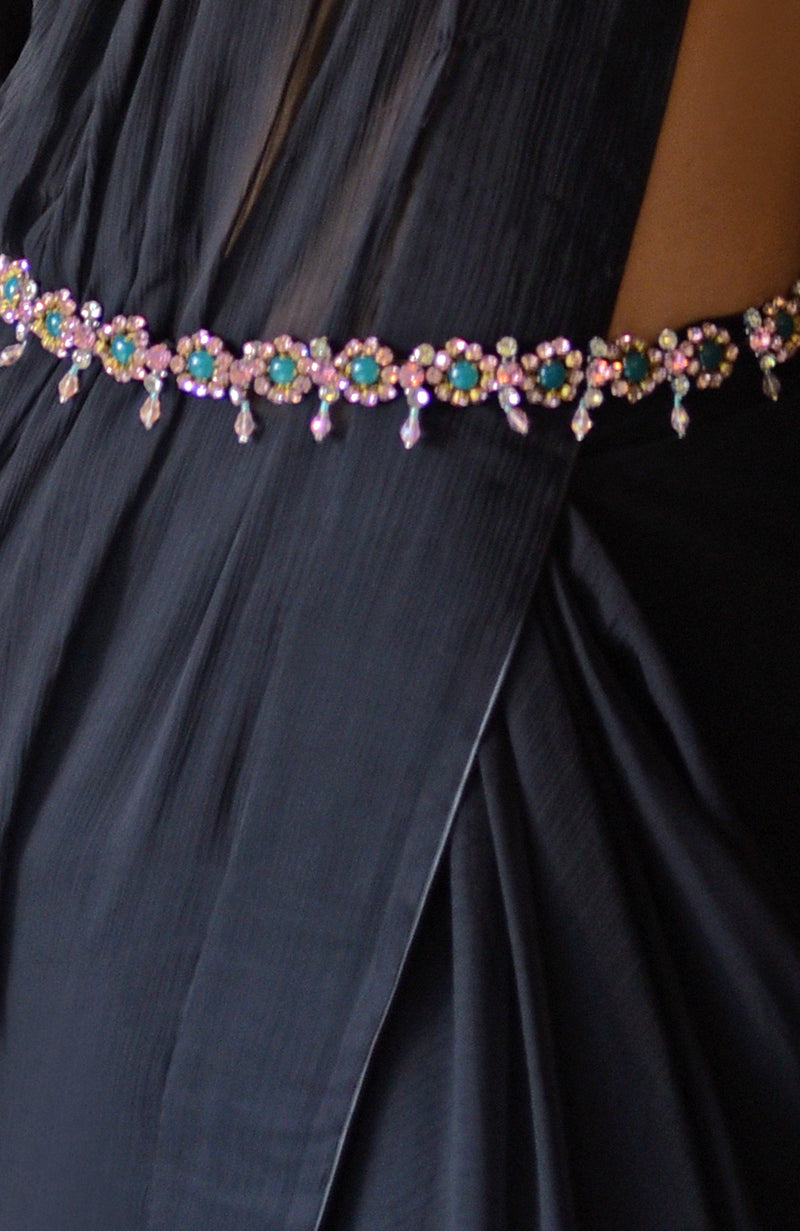 Black Chiffon Saree with Pink Crystal Belt – Talking Threads