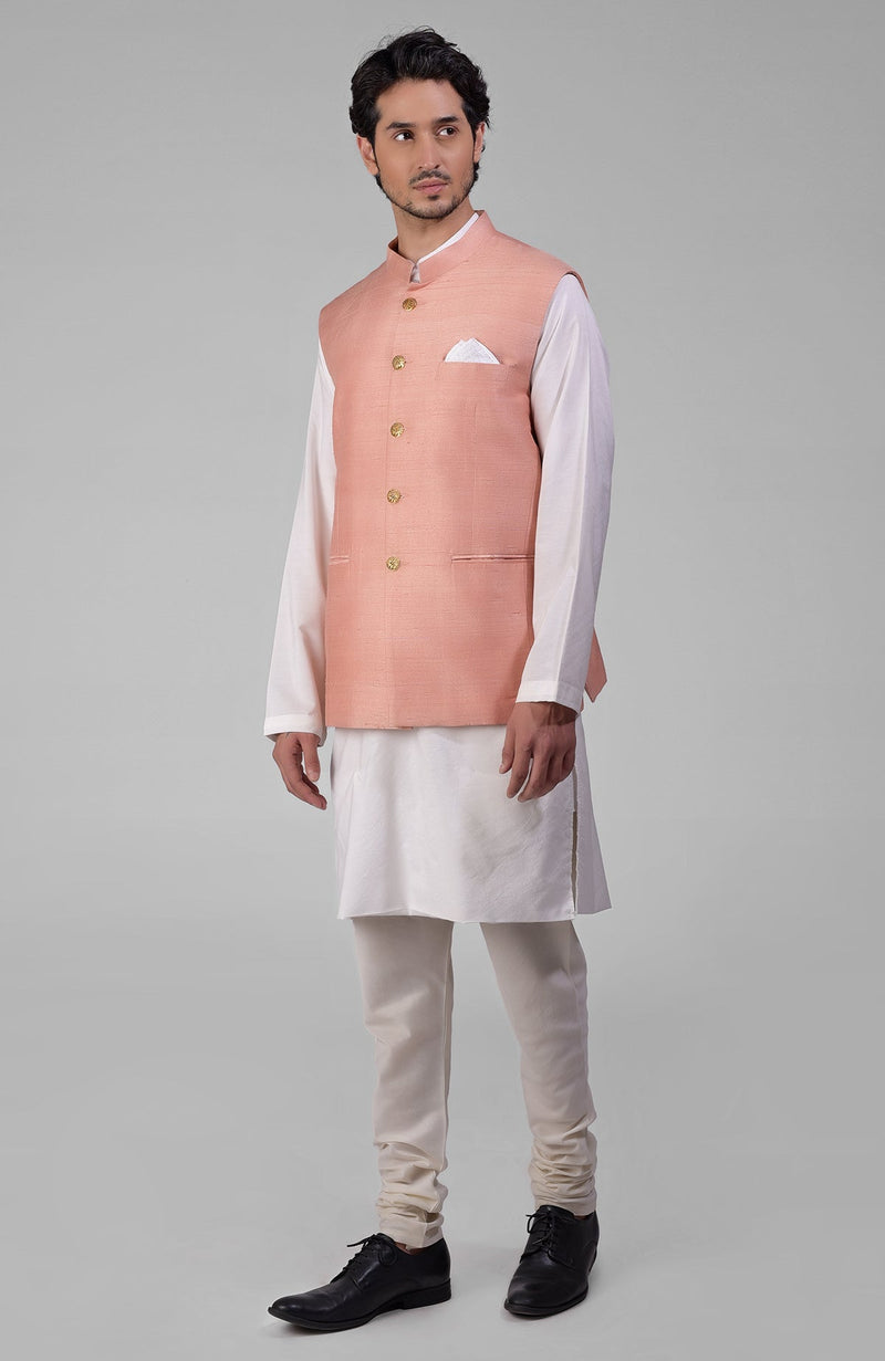 Peach Pure Raw Silk Waistcoat Bandi Jacket