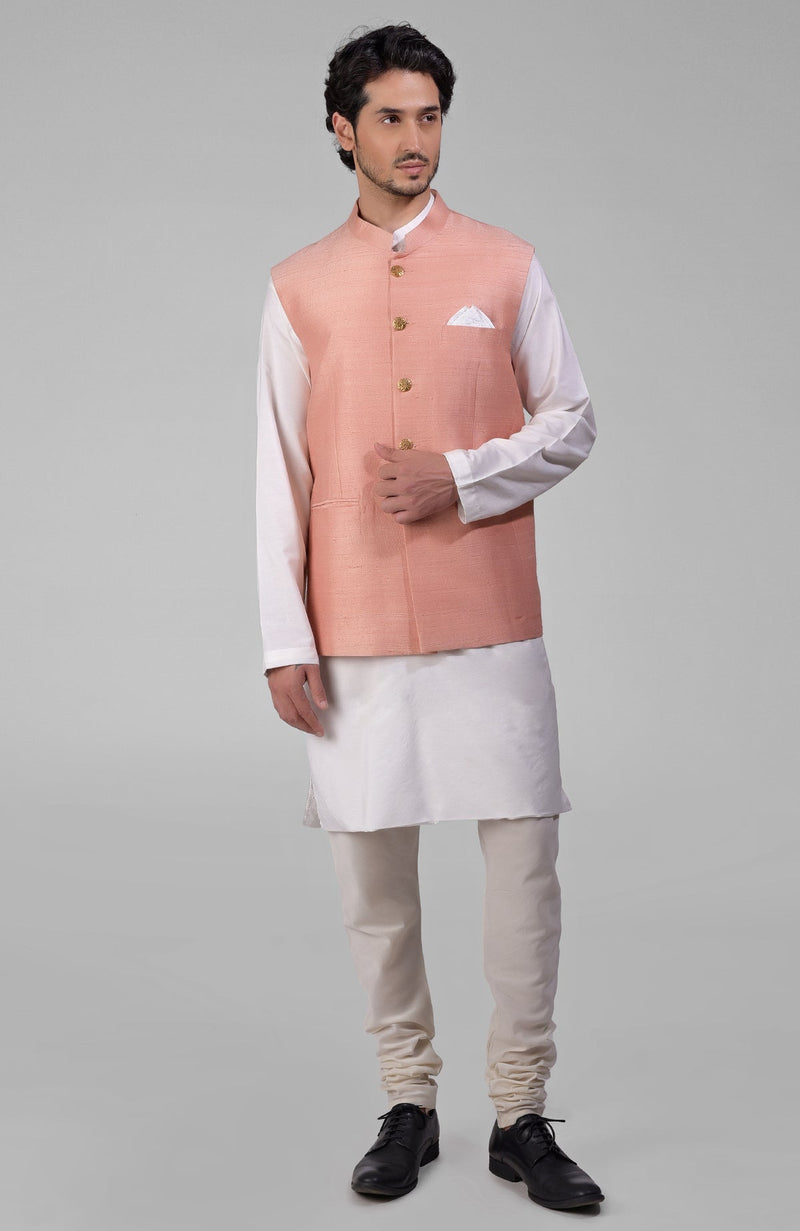 Peach Pure Raw Silk Waistcoat Bandi Jacket