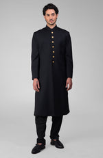 Timeless All Black Pure Silk Sherwani Set with Gold Plated Buttons