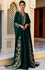 Emerald Majesty: Luxurious Gold Kashmiri Tilla Embroidered Kaftan Dress