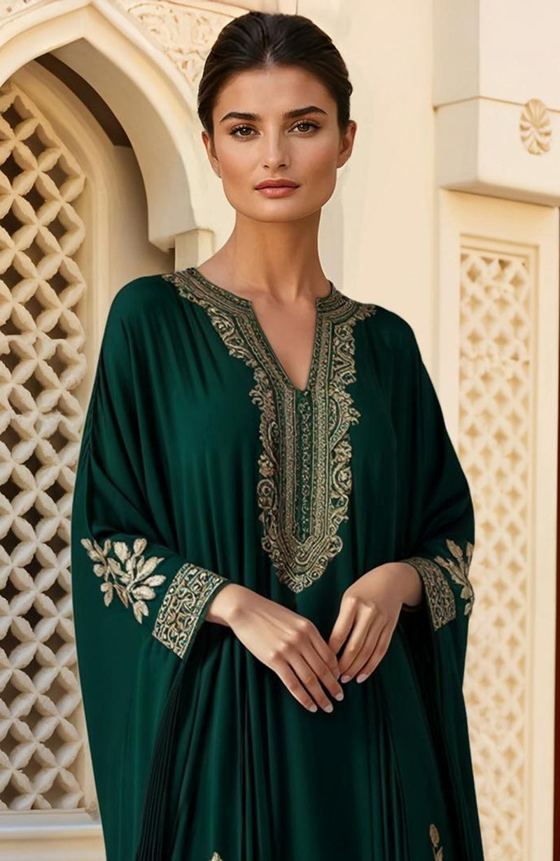 Emerald Majesty: Luxurious Gold Kashmiri Tilla Embroidered Kaftan Dress