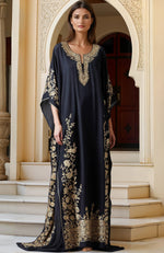 Midnight Elegance: Luxurious Gold Kashmiri Tilla Embroidered Blue Kaftan Dress