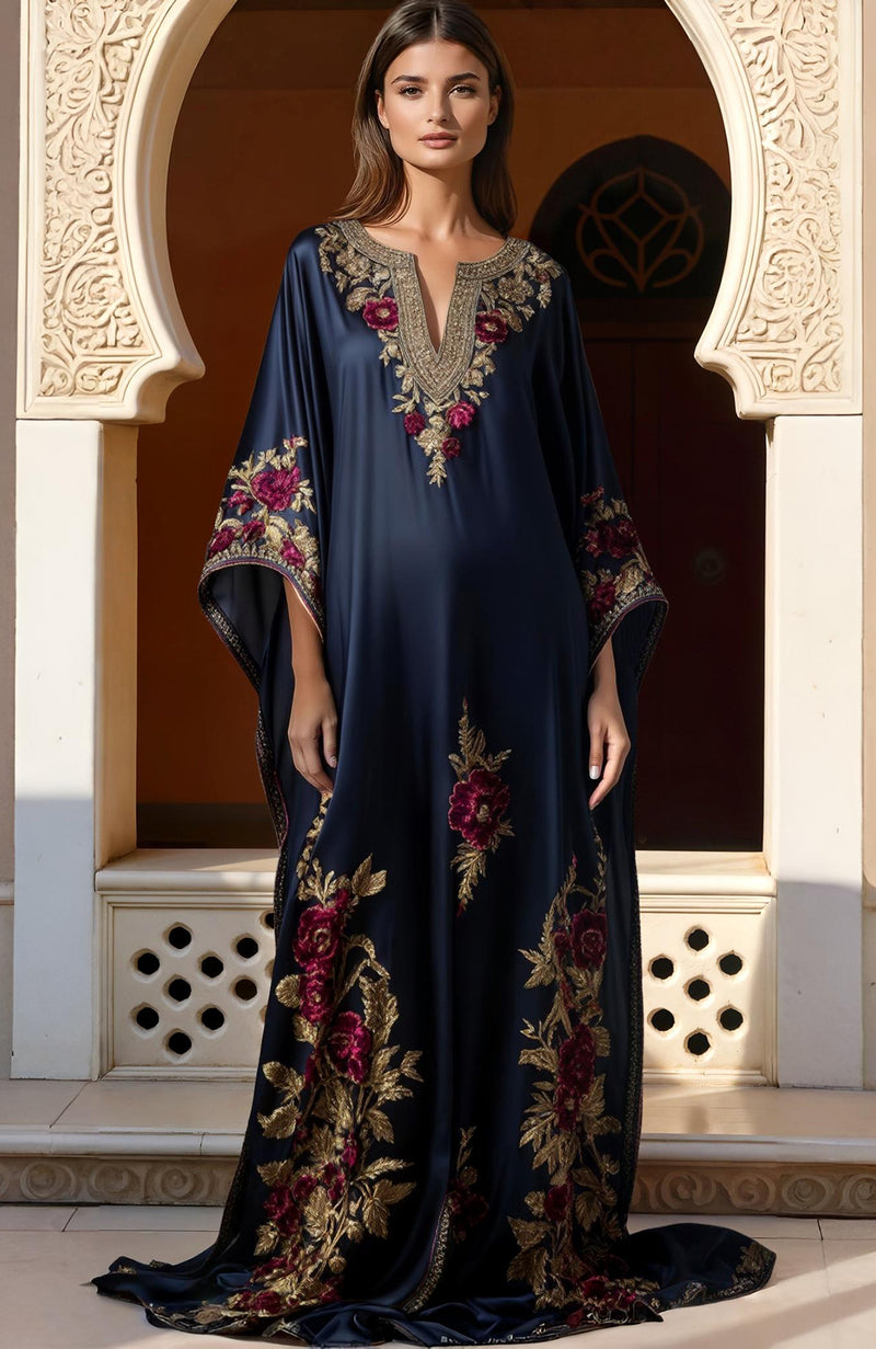 Navy Blue Gold and Burgundy Floral Embroidered Kaftan Dress