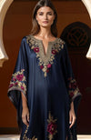 Navy Blue Gold and Burgundy Floral Embroidered Kaftan Dress