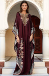 Burgundy Gold and Silver Floral Embroidered Kaftan Dress