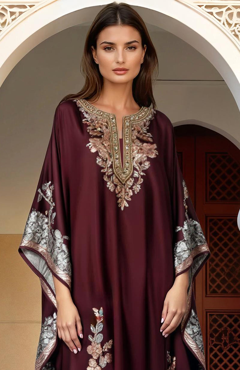 Burgundy Gold and Silver Floral Embroidered Kaftan Dress