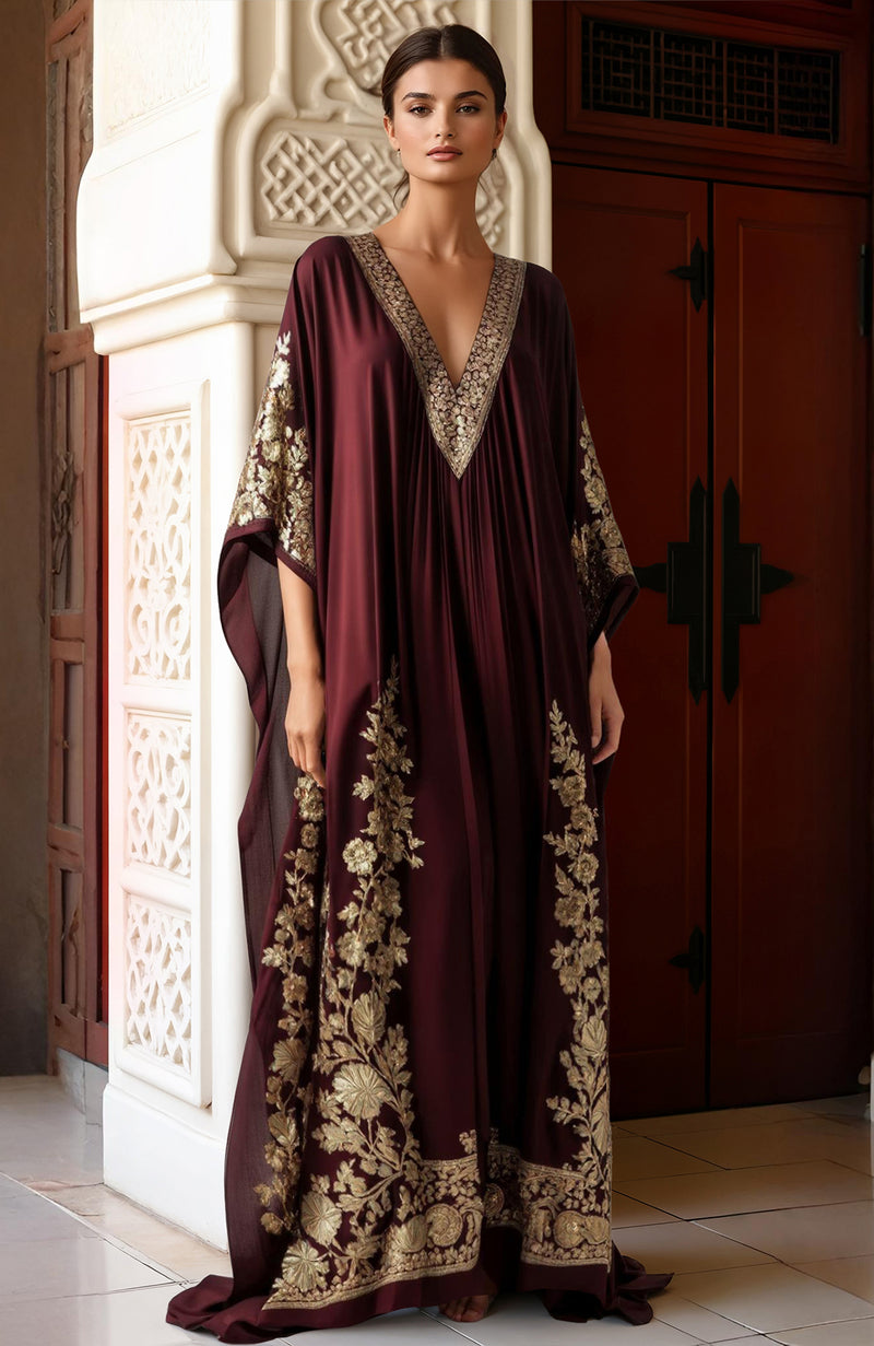 Regal Burgundy: Luxurious Gold Kashmiri Tilla Embroidered Kaftan Dress