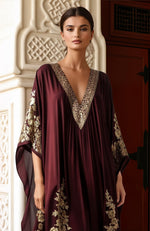 Regal Burgundy: Luxurious Gold Kashmiri Tilla Embroidered Kaftan Dress