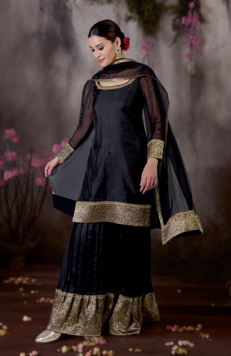 Black-Gold Banarasi Embroidered Sharara Set