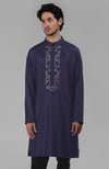 Teal Silk Kurta With Floral Embroidered Placket Detail