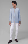 Dusty Blue-Gold Zardozi Hand Embroidered Silk Bandhgala Jacket Set