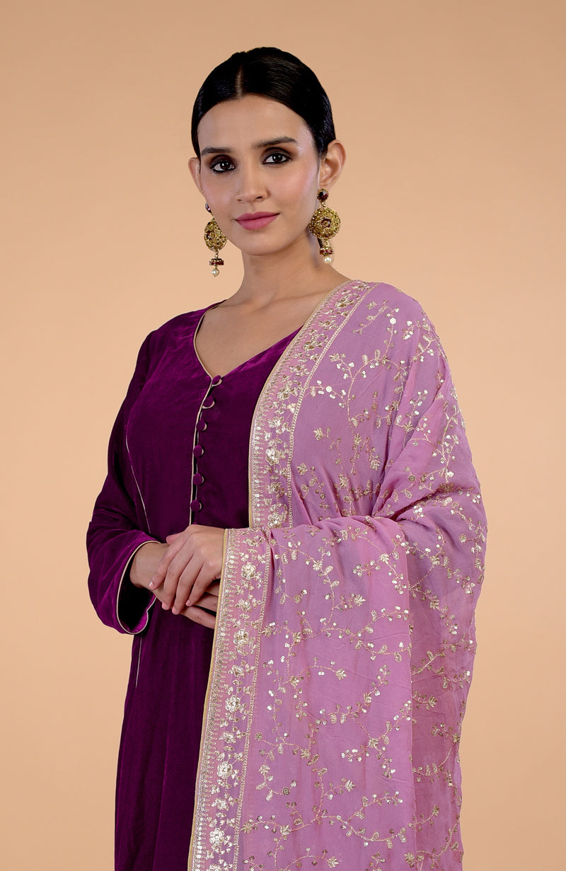 Elderberry Floral Zari & Sequin Embroidered Dupatta with Plum Velvet Suit