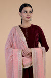 Peony Pink Floral Zari and Sequin Embroidered Dupatta with Maroon Velvet Suit