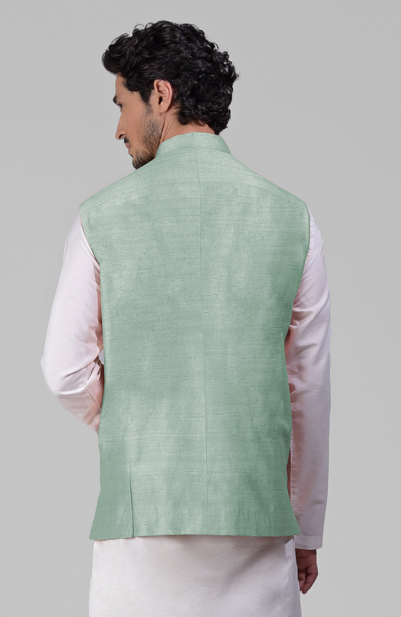 Gossamer Green Pure Raw Silk Waistcoat Bandi Jacket