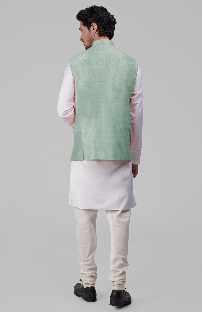 Gossamer Green Pure Raw Silk Waistcoat Bandi Jacket