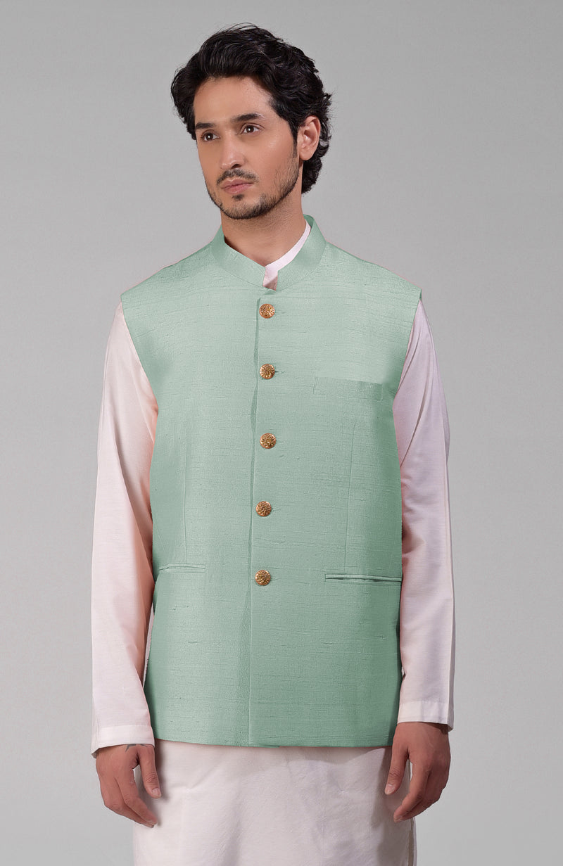 Gossamer Green Pure Raw Silk Waistcoat Bandi Jacket