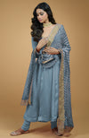 Greyish Blue Leheriya-Tilla Embroidered Dupatta With Anarkali Set