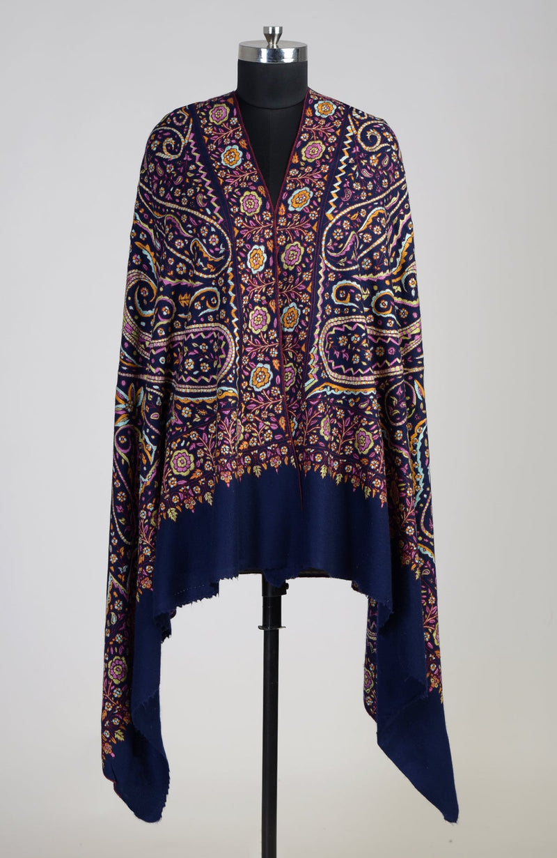 Midnight Blue Papier Mache and Sozni Hand Embroidered Pure Pashmina Shawl