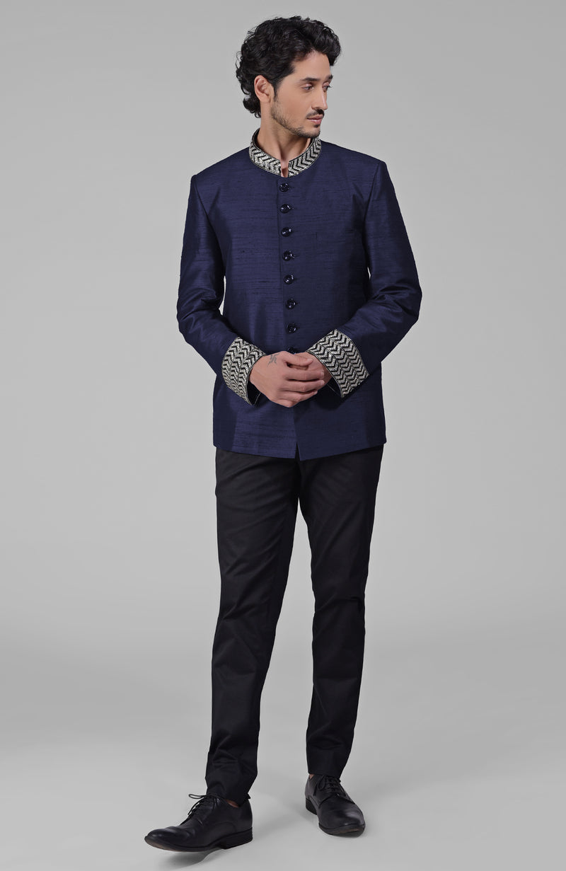 Navy Blue Zardozi Hand Embroidered Silk Bandhgala Jacket Set