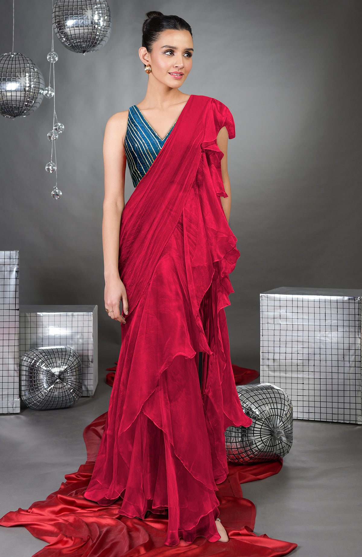 Buy online Ravina Tandon Red Ruffle Pattern Saree - Zakarto