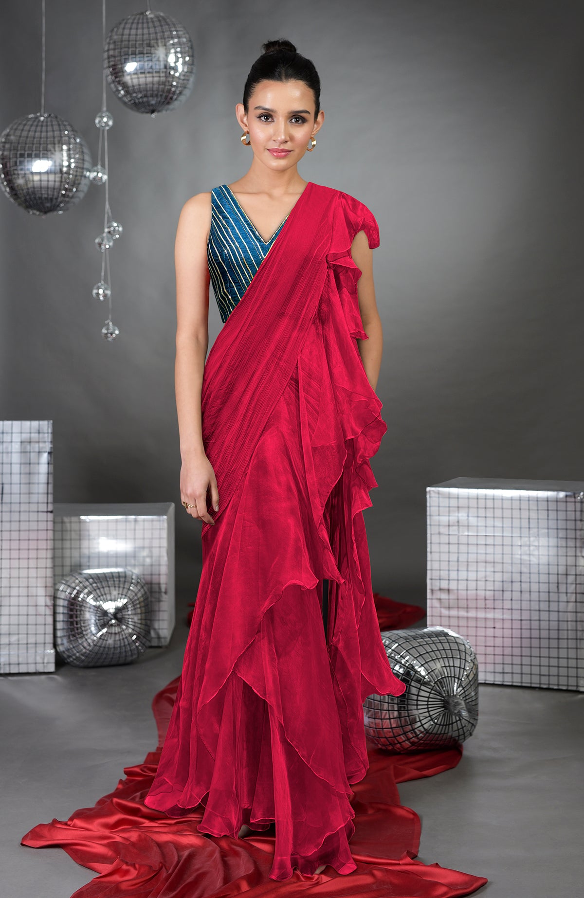 Buy Ruffle Saree With A Embroidered Blouse And Belt by Designer TARINI VIJ  for Women online at Kaarimarket.com