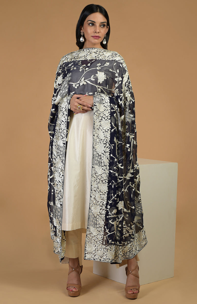 Masterpiece Midnight Blue Parsi Gara Hand Embroidered Dupatta