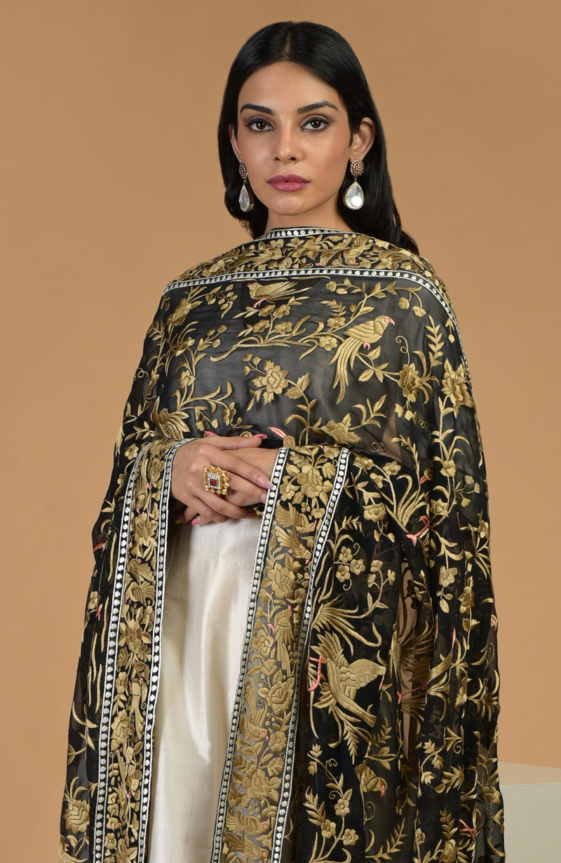 Masterpiece Black Parsi Gara Hand Embroidered Dupatta