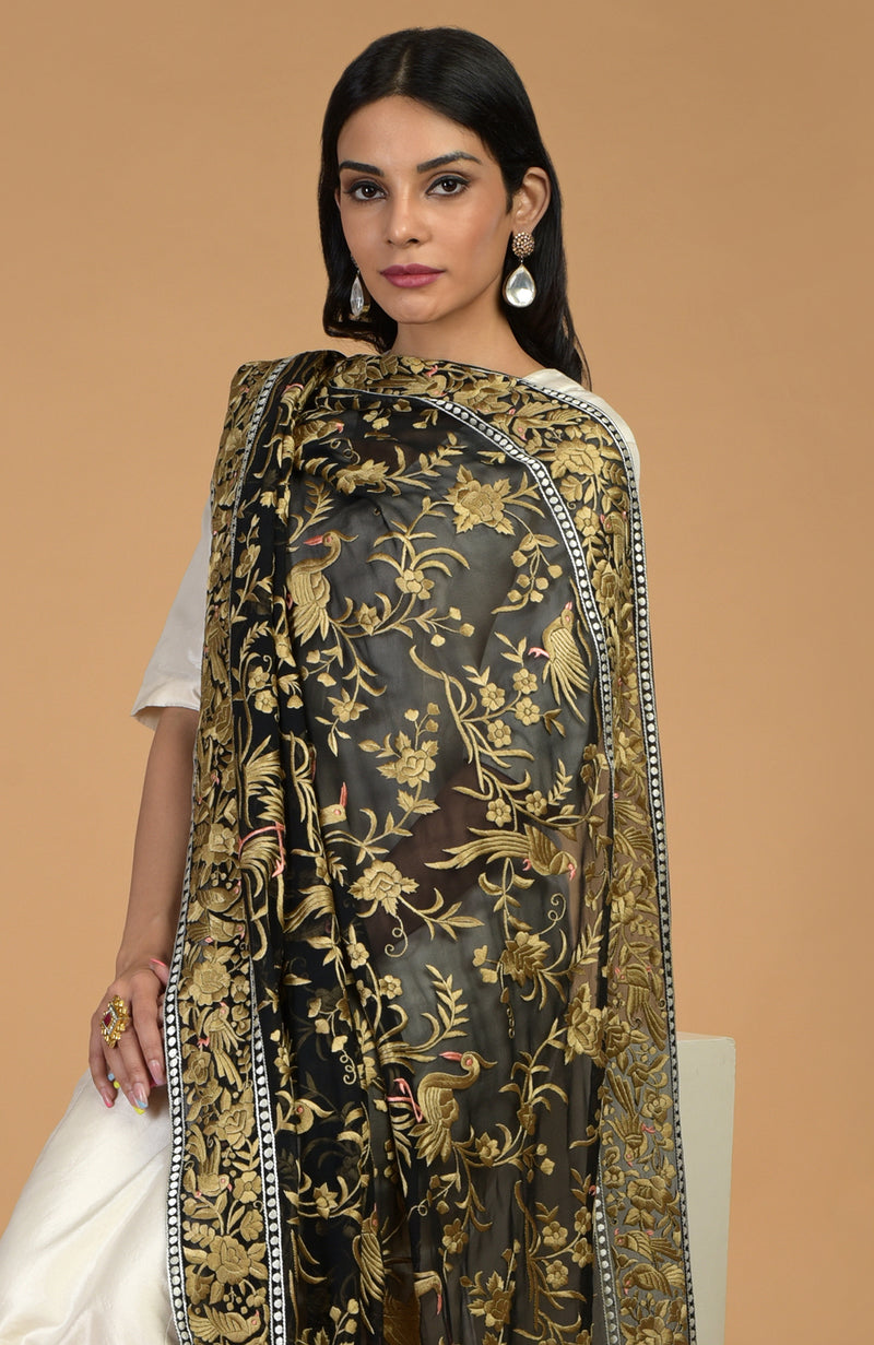 Masterpiece Black Parsi Gara Hand Embroidered Dupatta