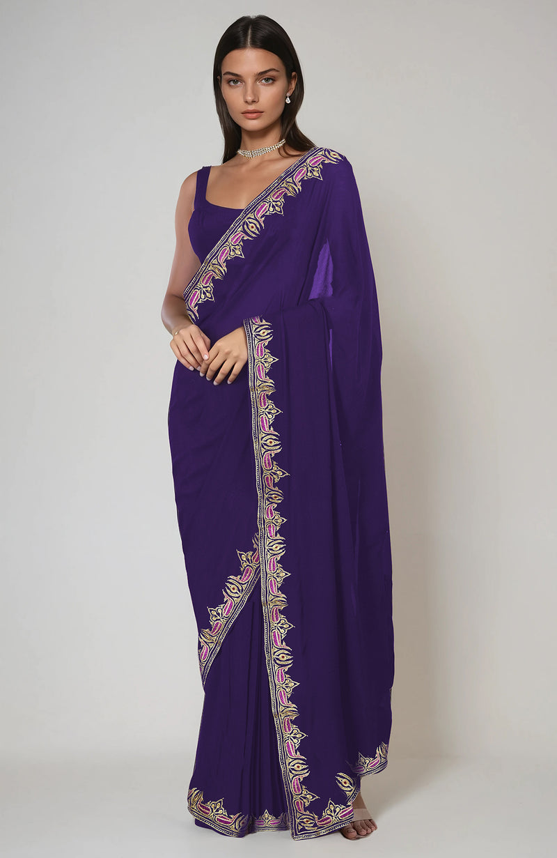 Indigo Purple Kashmiri Tilla and Resham Embroidered Saree