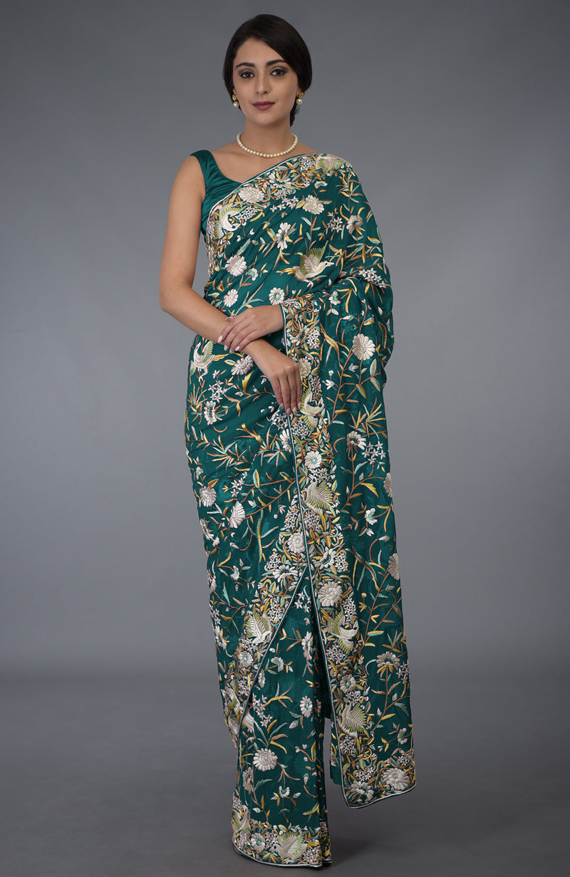 Pre Order Designer Parsi Gara Saree with Multicolour Embroidery