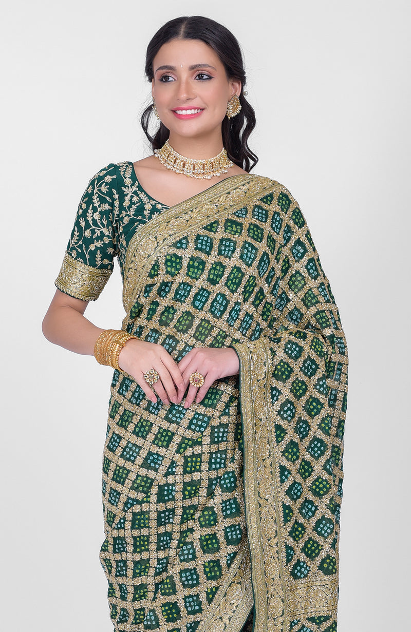 Masterpiece Bottle Green Bandhej & Banarasi Zari Zardozi Hand Embroidered Saree