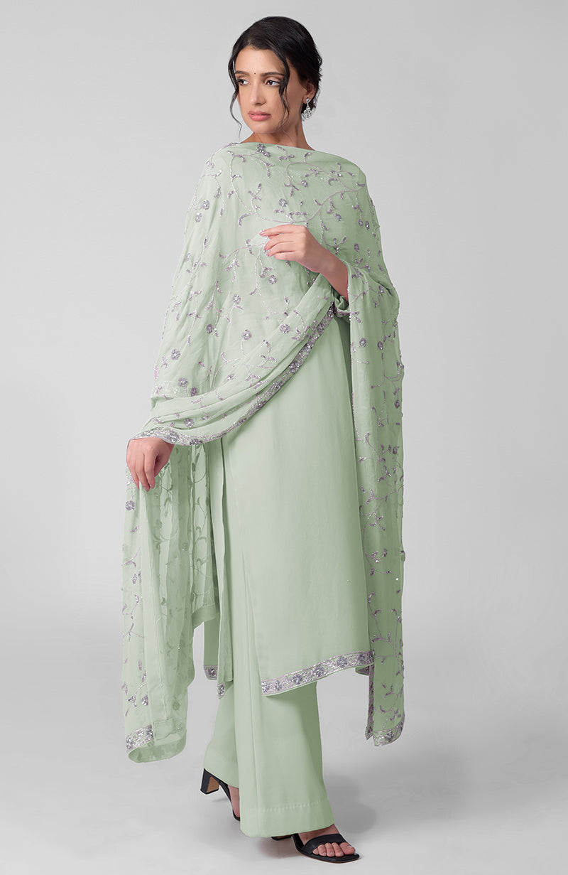 Mist Green Beads & Sequin Zardozi Hand Embroidered Kurta Set