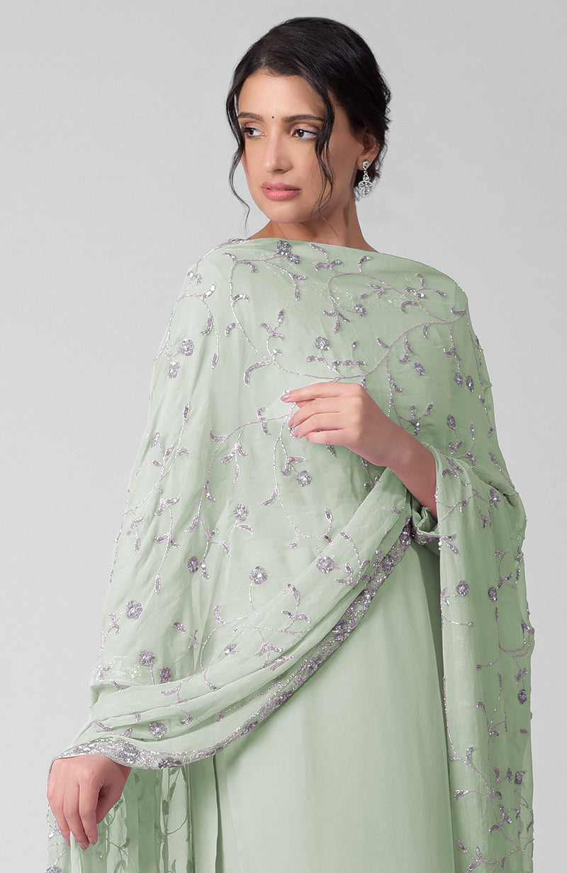 Mist Green Beads & Sequin Zardozi Hand Embroidered Kurta Set