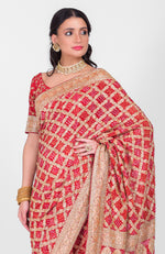 Masterpiece Red Bandhej & Banarasi Zari Zardozi Hand Embroidered Saree