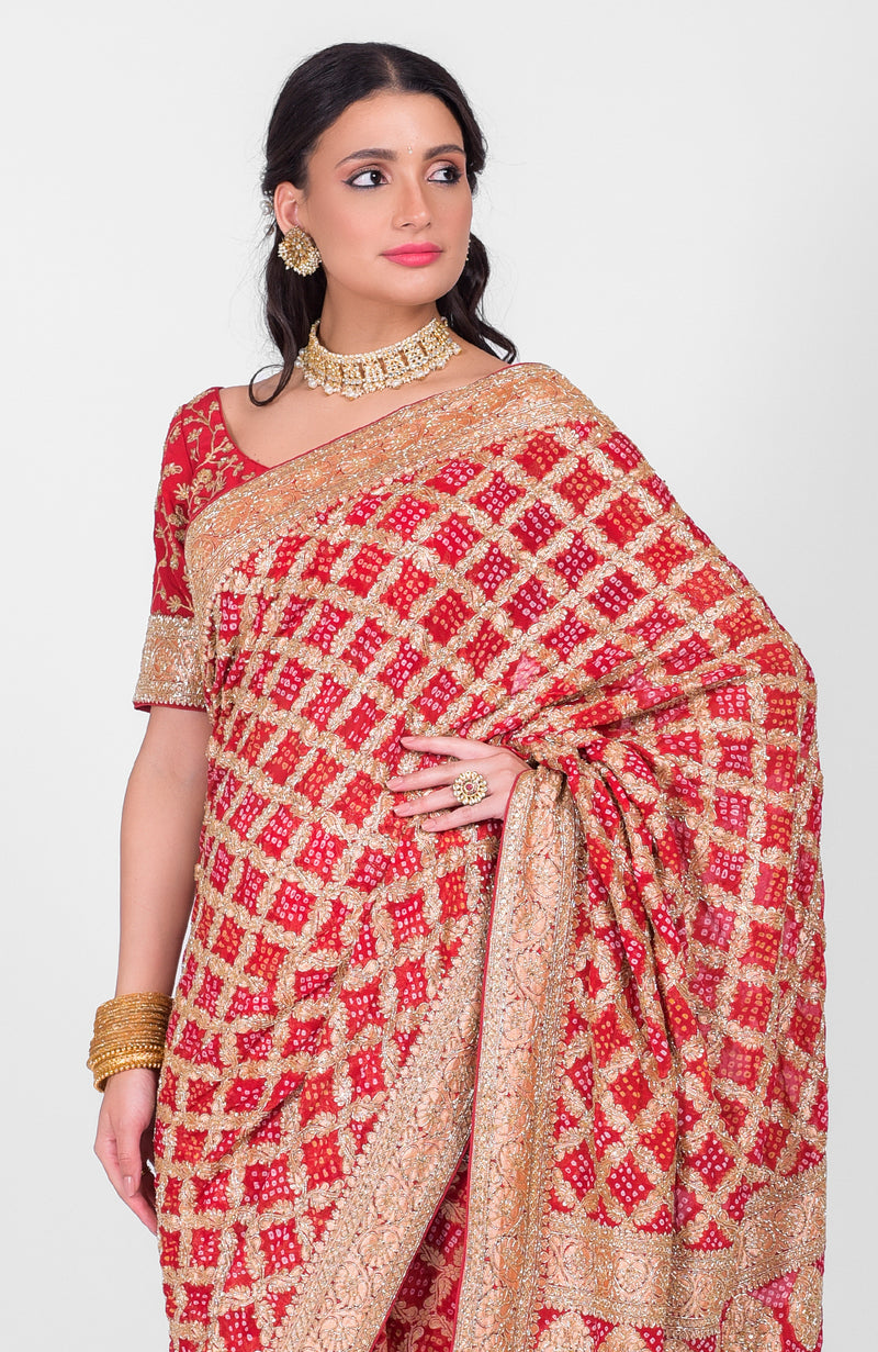 Masterpiece Red Bandhej & Banarasi Zari Zardozi Hand Embroidered Saree