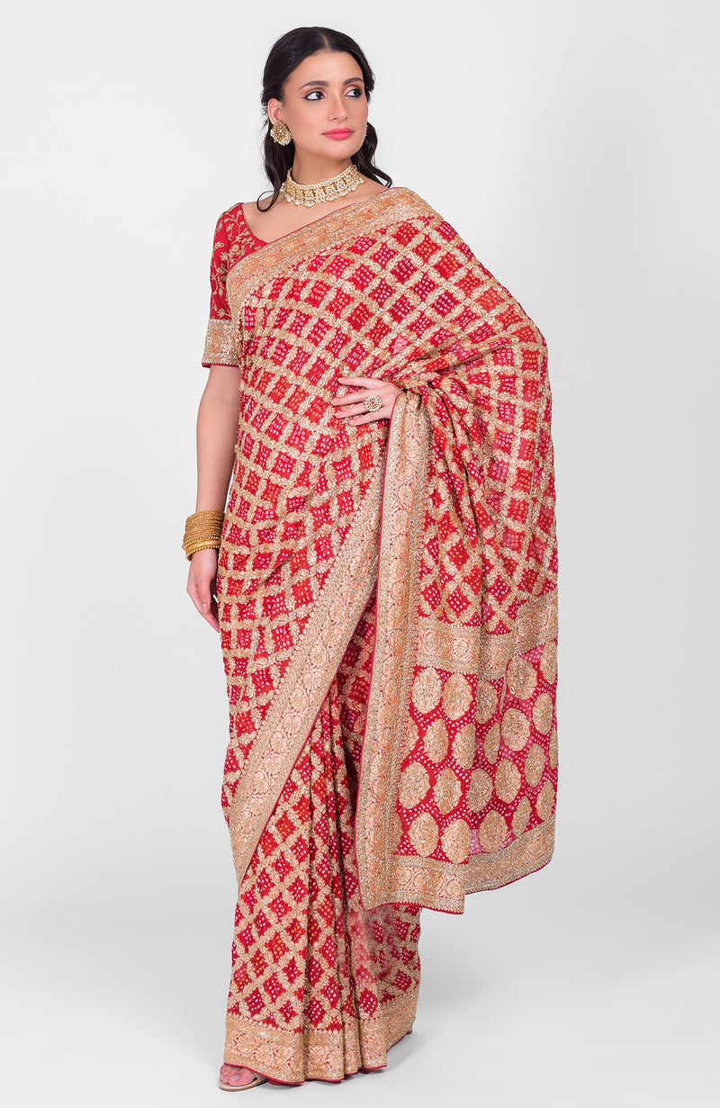 Masterpiece Red Bandhej & Banarasi Zari Zardozi Hand Embroidered Saree