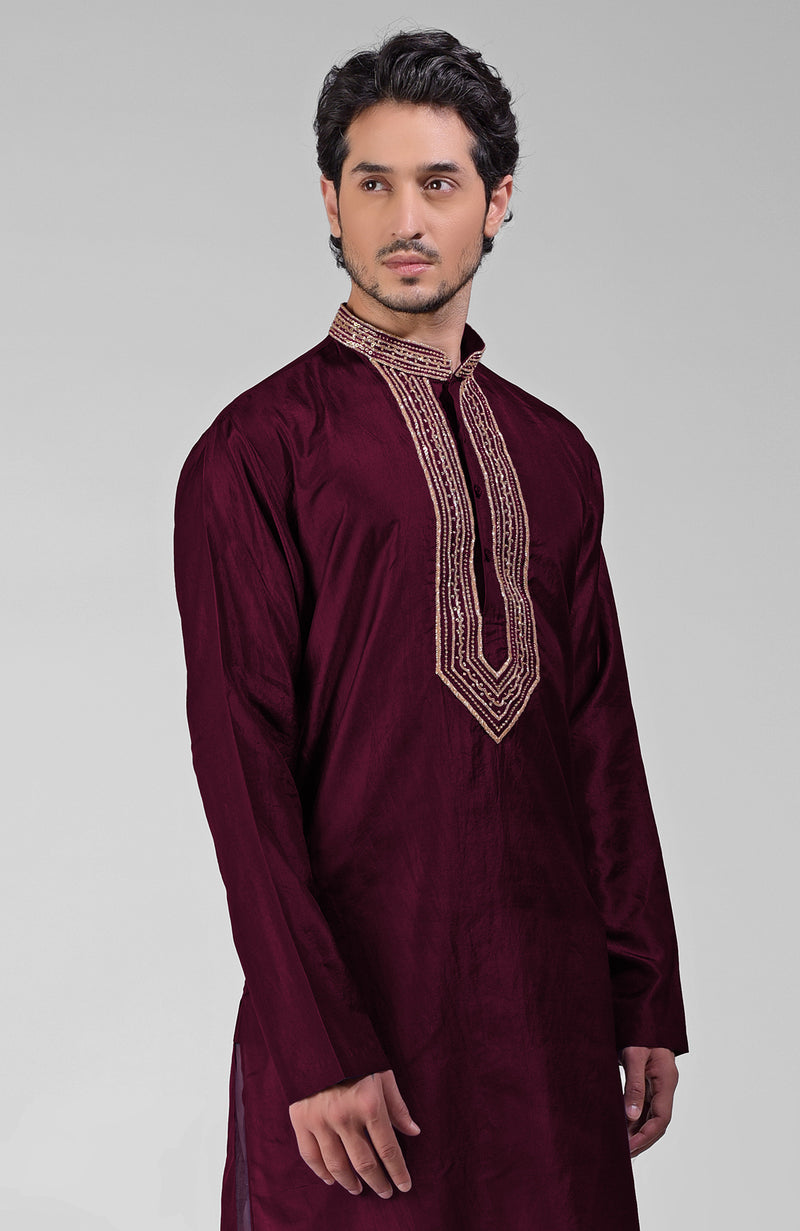 Maroon Zardosi Hand Embroidered Pure Silk Kurta