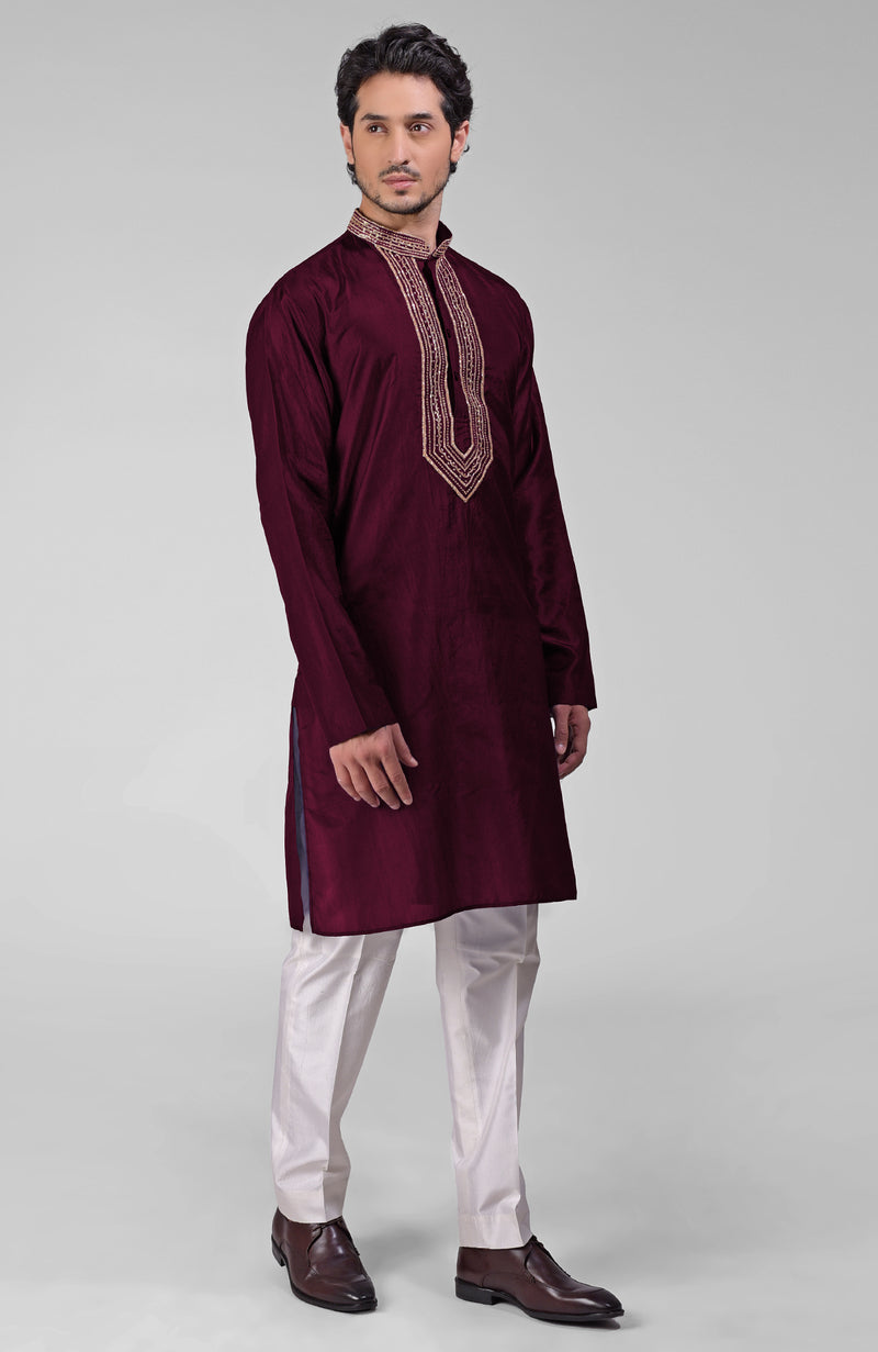 Maroon Zardosi Hand Embroidered Pure Silk Kurta