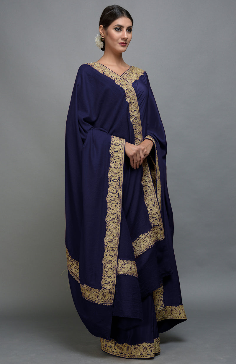 Navy Blue Kashmiri Tilla Aari Embroidered Saree & Pashmina Shawl Set