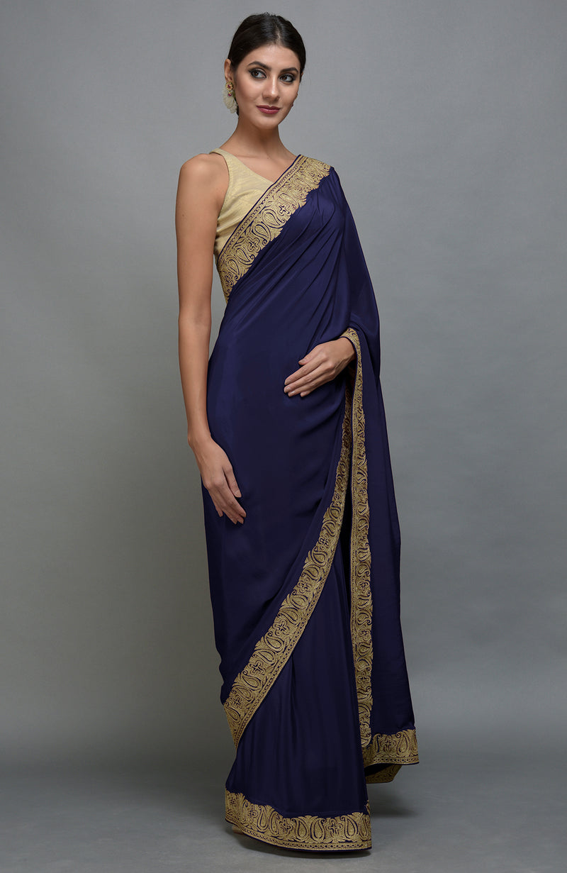 Navy Blue Kashmiri Tilla Aari Embroidered Saree & Pashmina Shawl Set