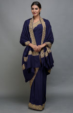 Navy Blue Kashmiri Tilla Aari Embroidered Saree & Pashmina Shawl Set