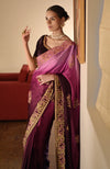 Wine-Pink Ombre  Kashidakari Embroidered Saree Set