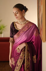 Wine-Pink Ombre  Kashidakari Embroidered Saree Set