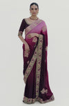 Wine-Pink Ombre  Kashidakari Embroidered Saree Set