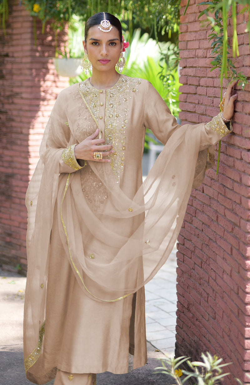 Beige Marori Beads & Sequin Hand Embroidered Kurta Set