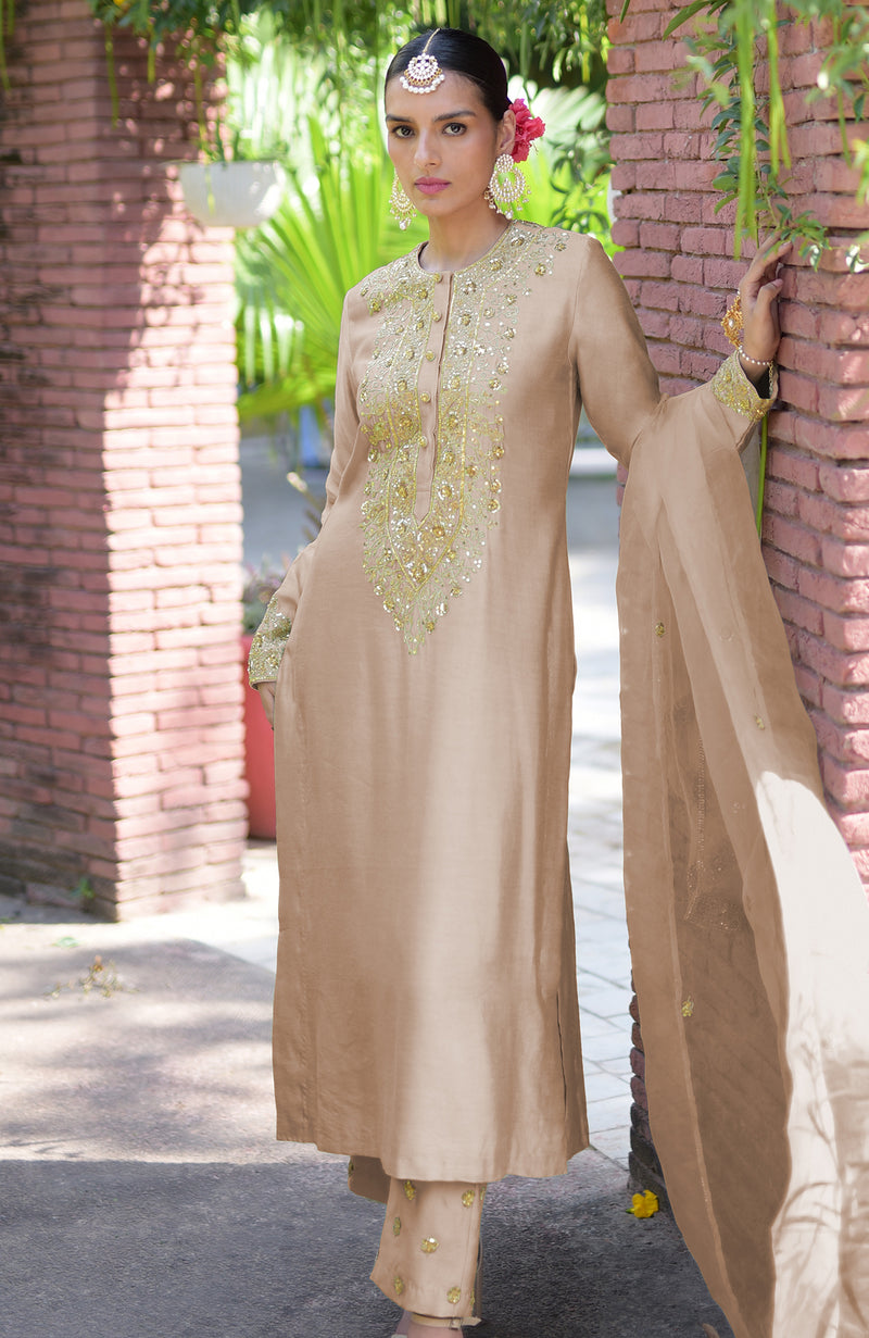 Beige Marori Beads & Sequin Hand Embroidered Kurta Set