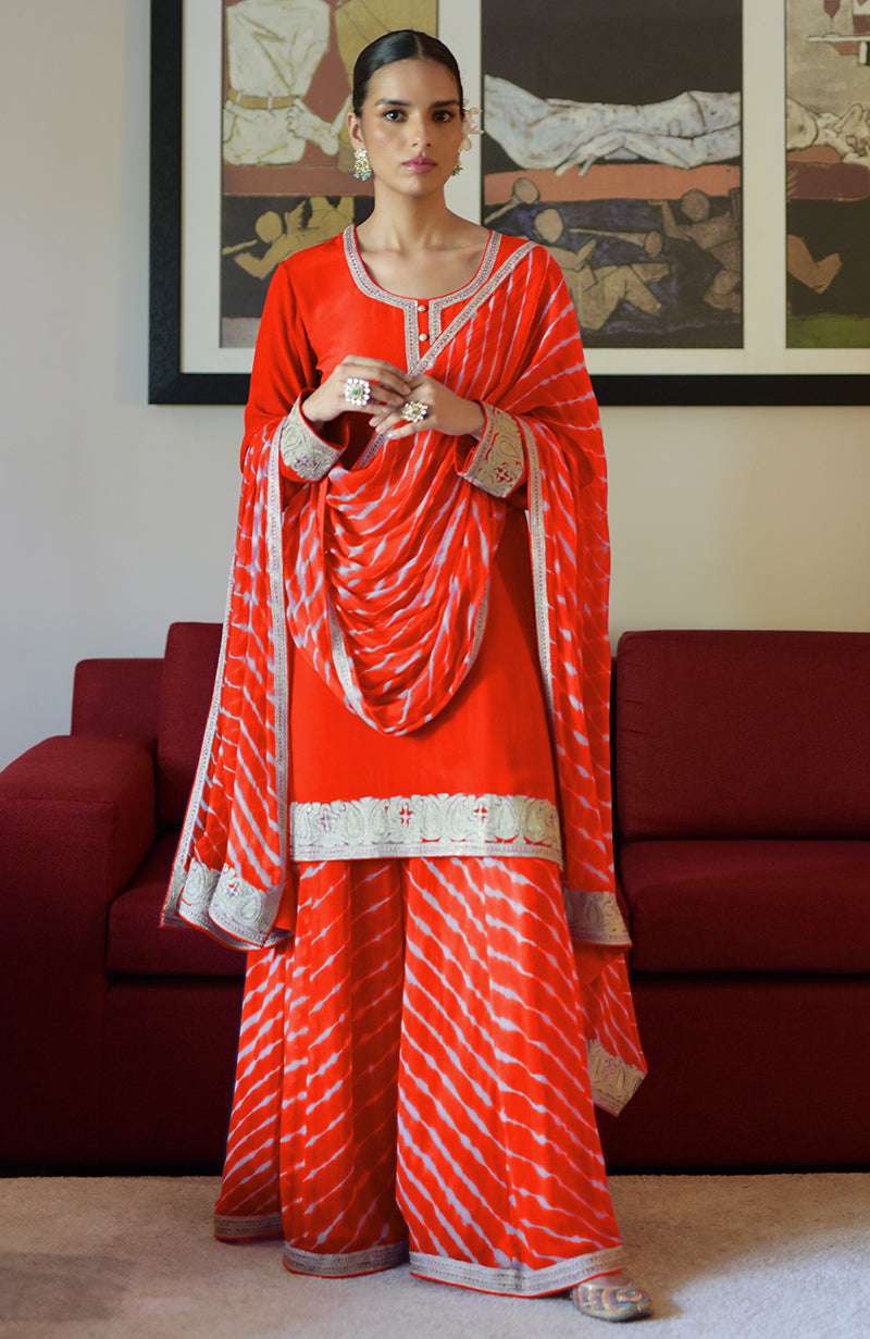 Tomato Red Leheriya Handcrafted Tie Dye & Kashmiri Tilla Sharara Set