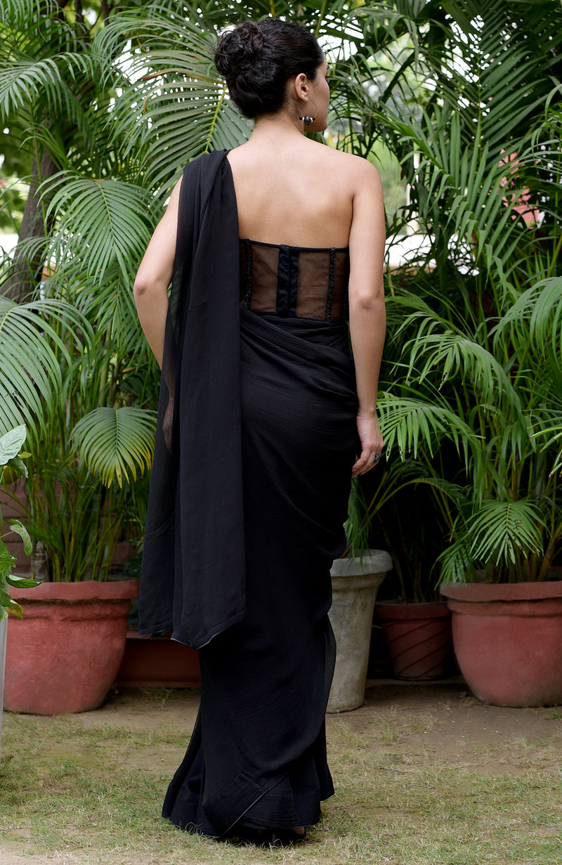 Elysian Black Hand Embroidered Corset Saree Set