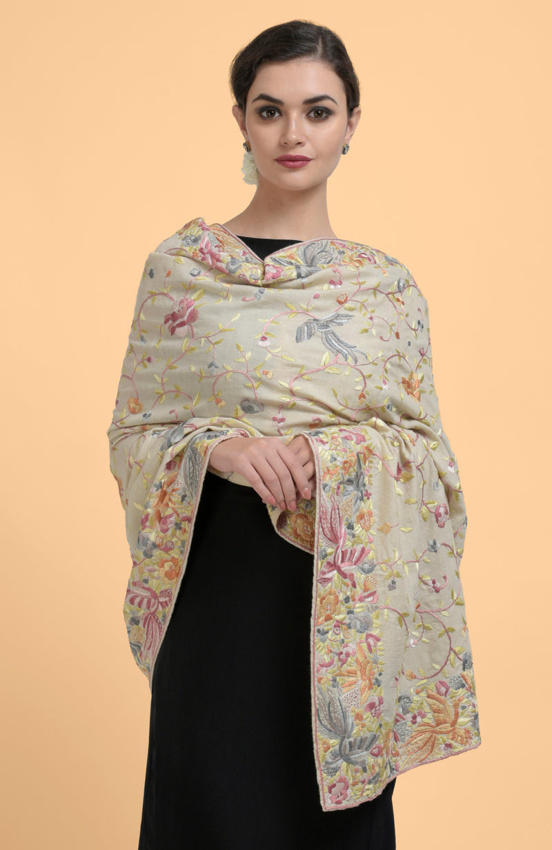 Ivory Parsi Gara Pure Pashmina Shawl